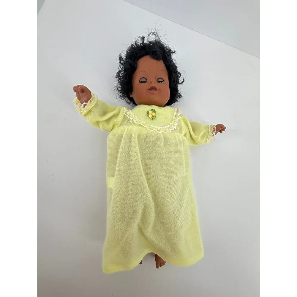 Vintage 1988 Black Baby Doll Sleep Eyes Soft Body Yellow Gown Curly Hair CitiToy